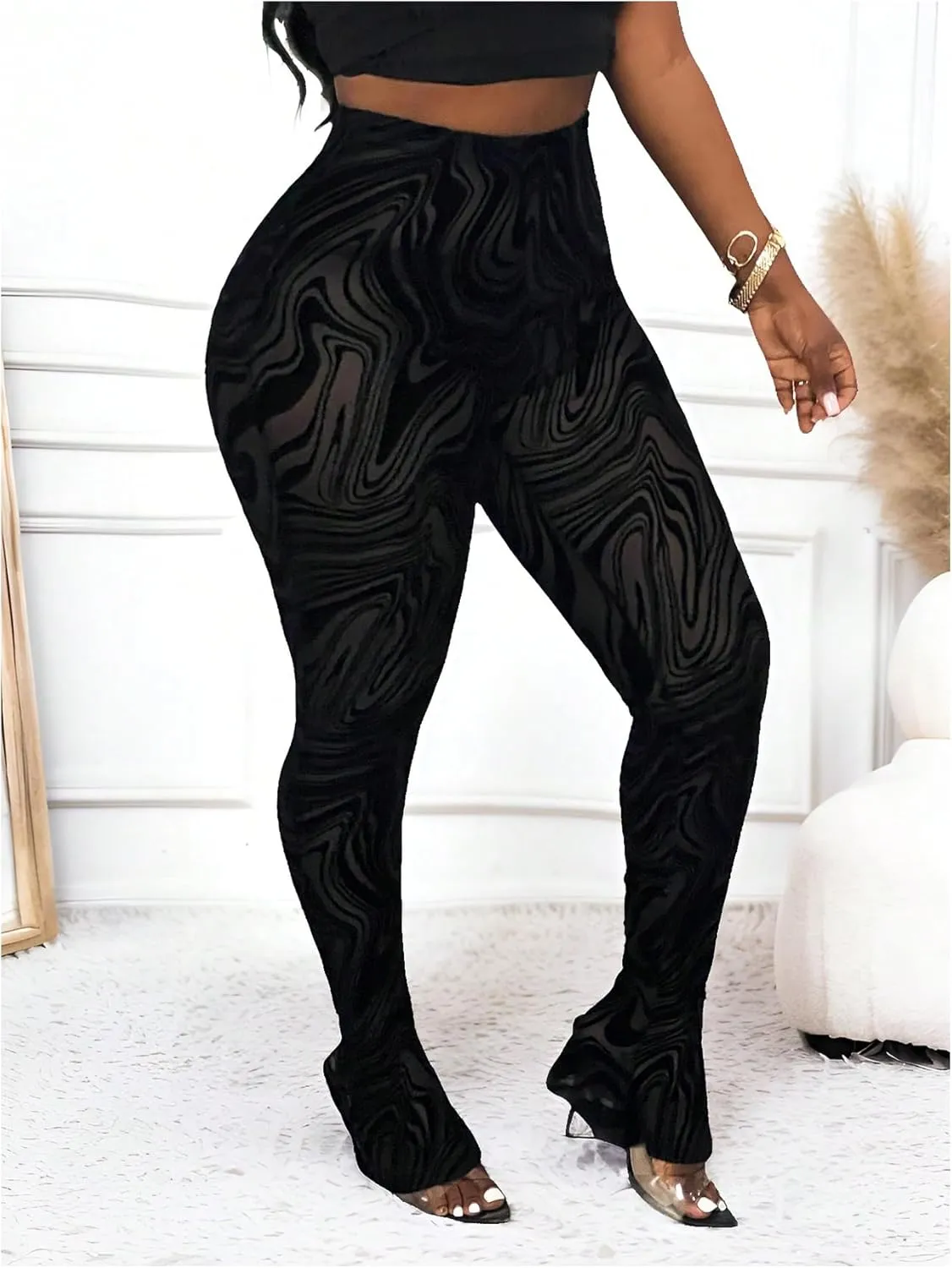 Women's Sheer Mesh Leggings See Through High Waisted Bell Bottom Skinny Pants