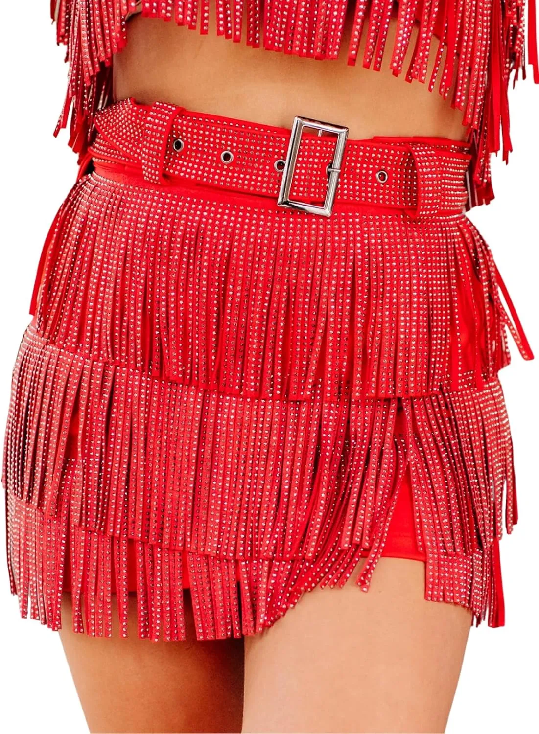 Womens Sparkle Rhinestone Fringe Skirt Elastic Waistband Short Mini Dress with Adjustable and Removable Belt