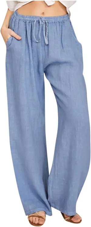 Womens Summer Cotton Linen Pants High Waist Casual Wide Leg Long Palazzo Pants Loose Boho Beach Trousers
