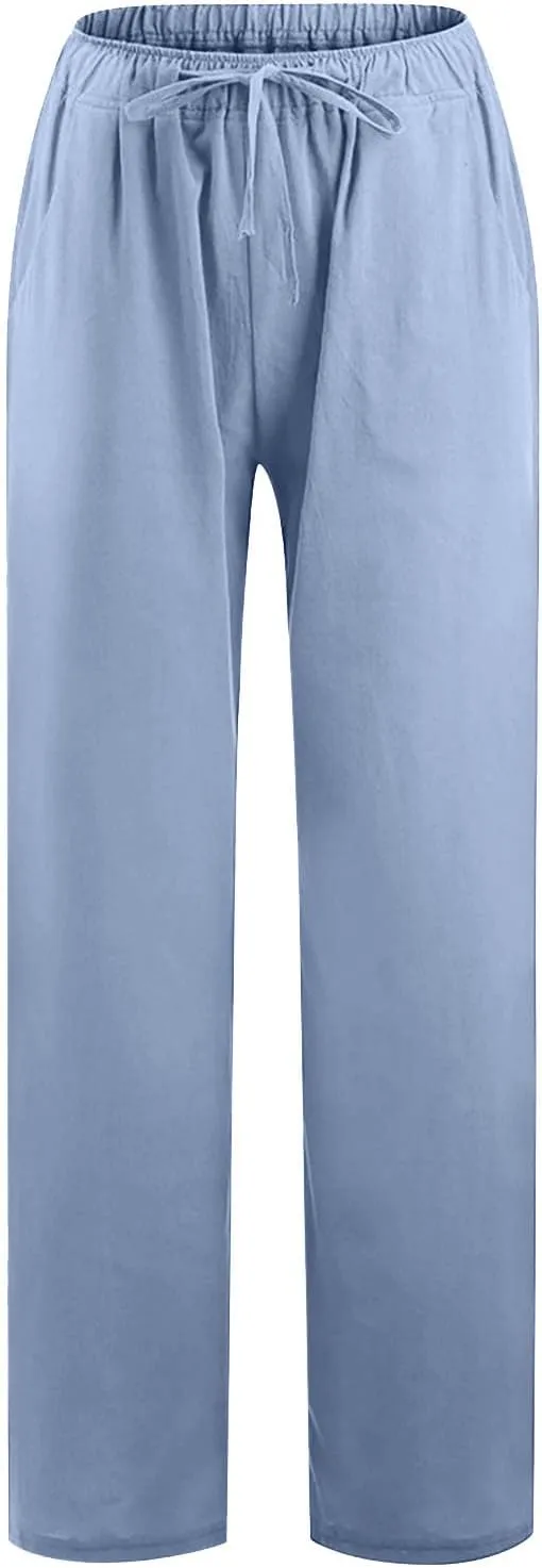 Womens Summer Cotton Linen Pants High Waist Casual Wide Leg Long Palazzo Pants Loose Boho Beach Trousers