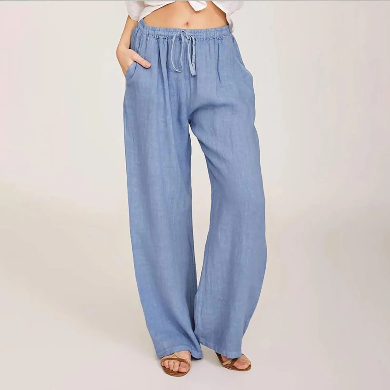 Womens Summer Cotton Linen Pants High Waist Casual Wide Leg Long Palazzo Pants Loose Boho Beach Trousers