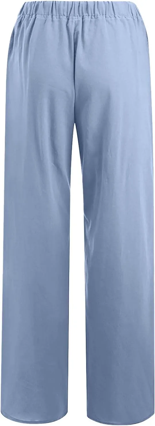 Womens Summer Cotton Linen Pants High Waist Casual Wide Leg Long Palazzo Pants Loose Boho Beach Trousers