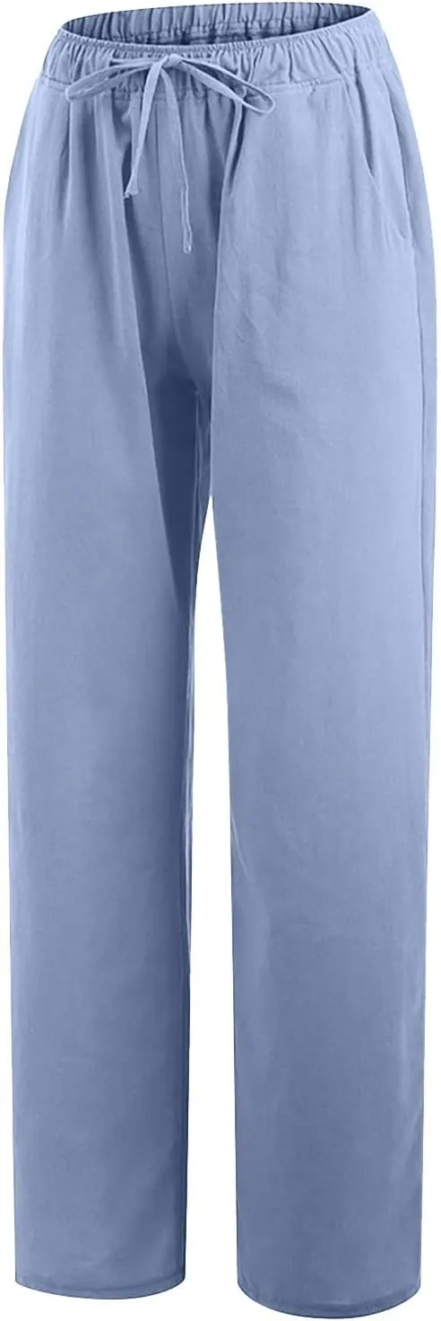 Womens Summer Cotton Linen Pants High Waist Casual Wide Leg Long Palazzo Pants Loose Boho Beach Trousers