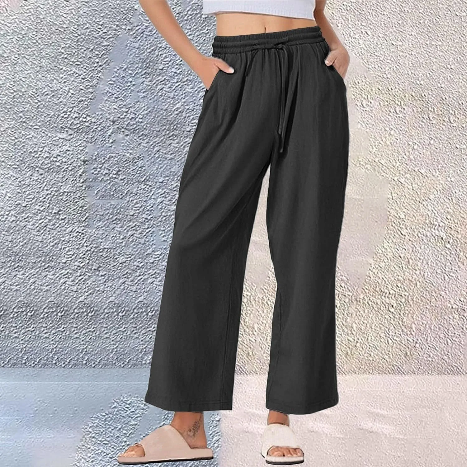 Womens Summer Lightweight Pants Cotton Linen Wide Leg Pants Drawstring Elastic Waist Trousers with Pockets