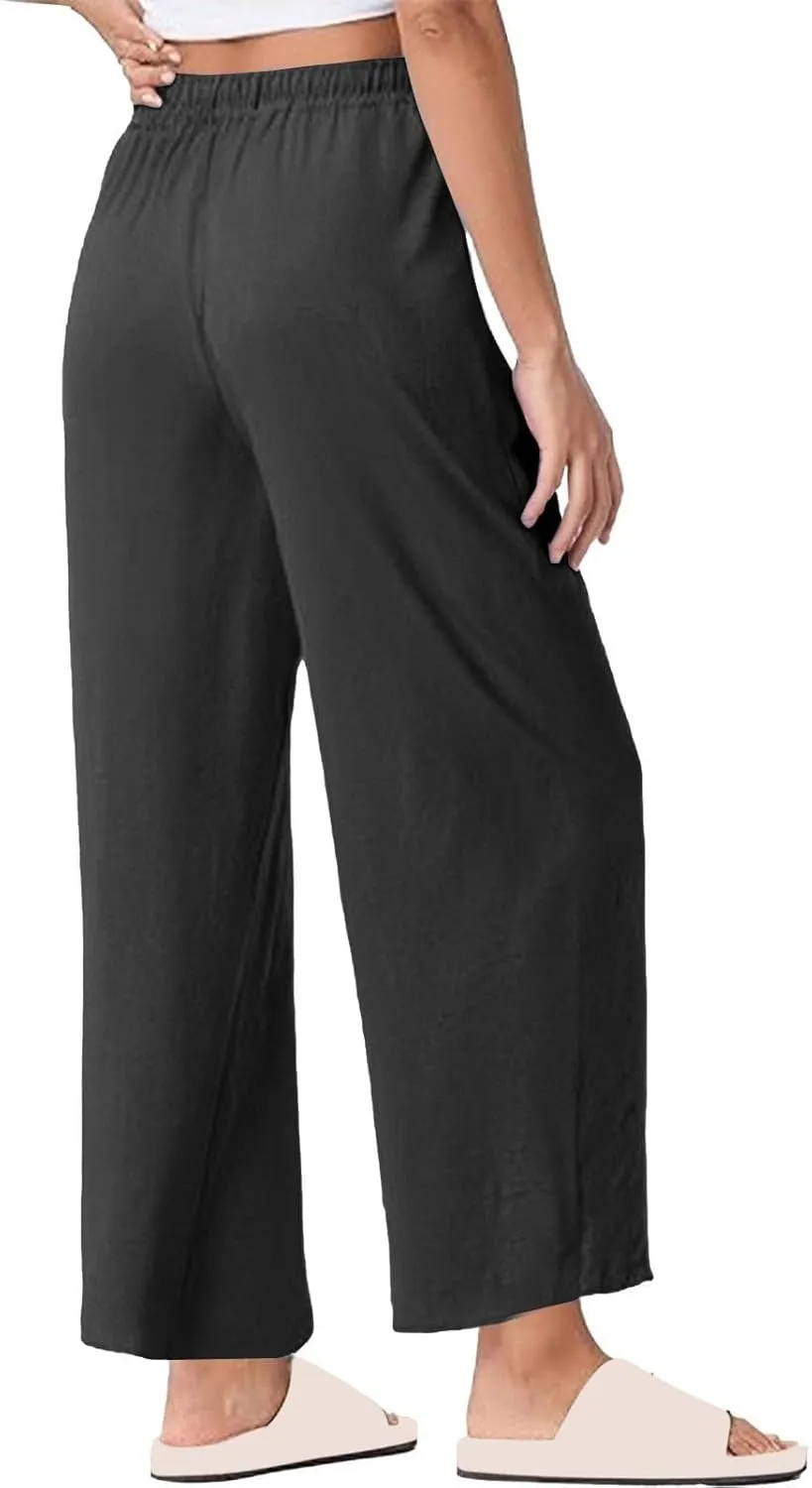 Womens Summer Lightweight Pants Cotton Linen Wide Leg Pants Drawstring Elastic Waist Trousers with Pockets