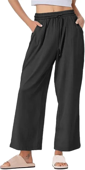 Womens Summer Lightweight Pants Cotton Linen Wide Leg Pants Drawstring Elastic Waist Trousers with Pockets
