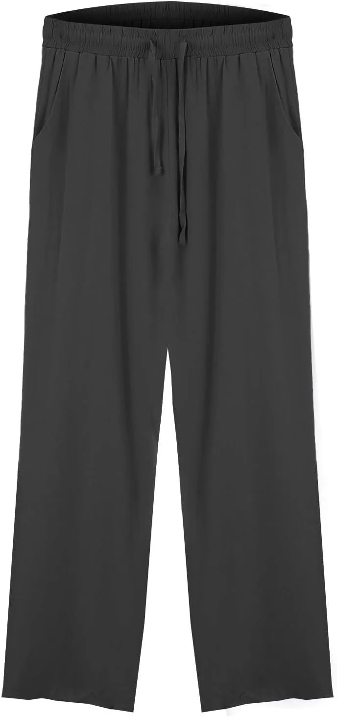 Womens Summer Lightweight Pants Cotton Linen Wide Leg Pants Drawstring Elastic Waist Trousers with Pockets