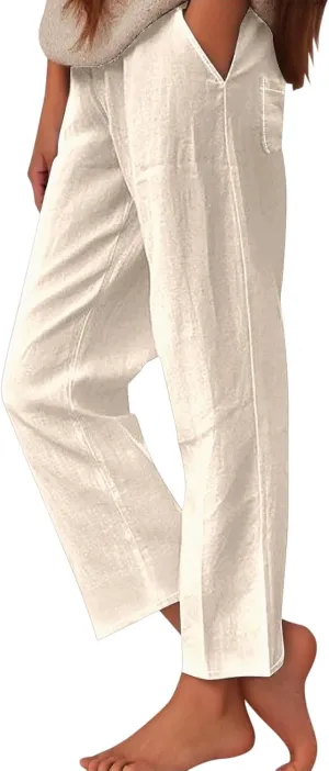 Women's Summer Linen Pants 2025 Straight Leg Beach Vacation Pants High Waist Casual Trousers with Pockets with Pockets