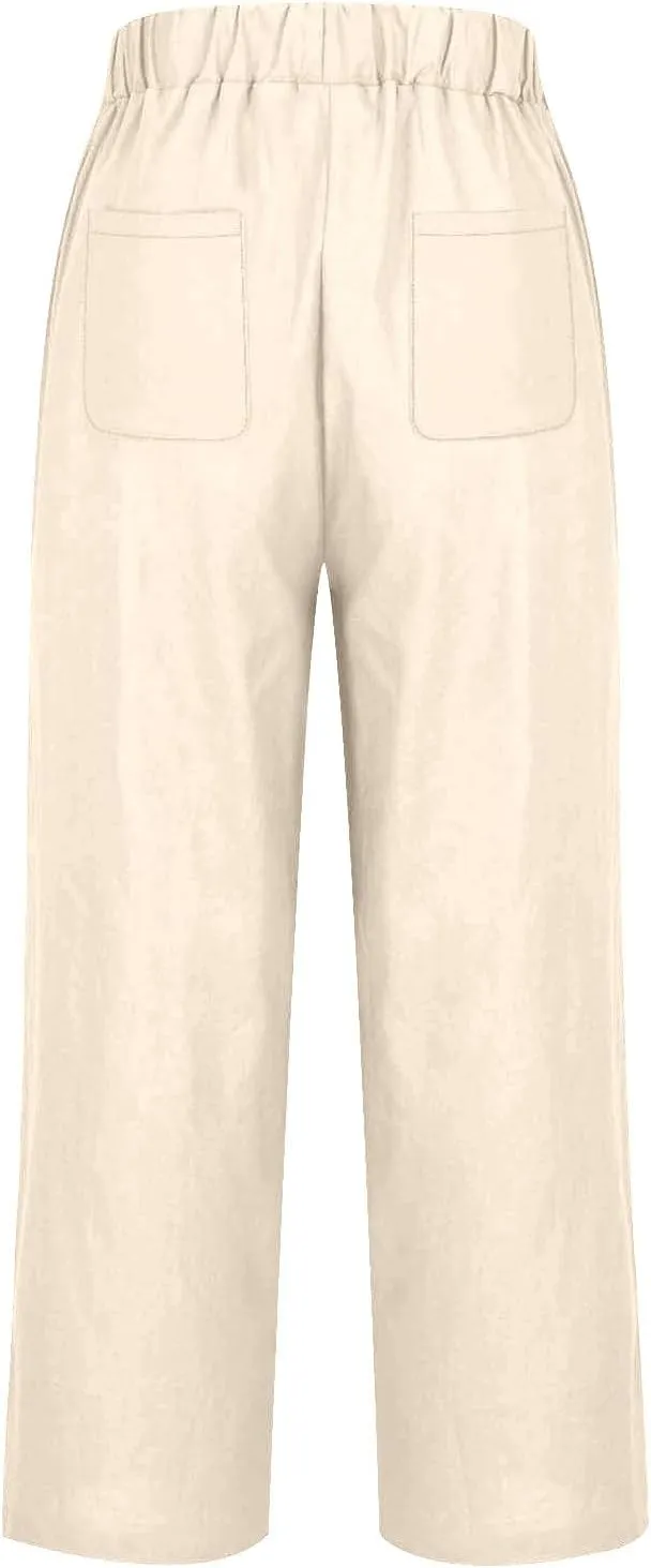 Women's Summer Linen Pants 2025 Straight Leg Beach Vacation Pants High Waist Casual Trousers with Pockets with Pockets