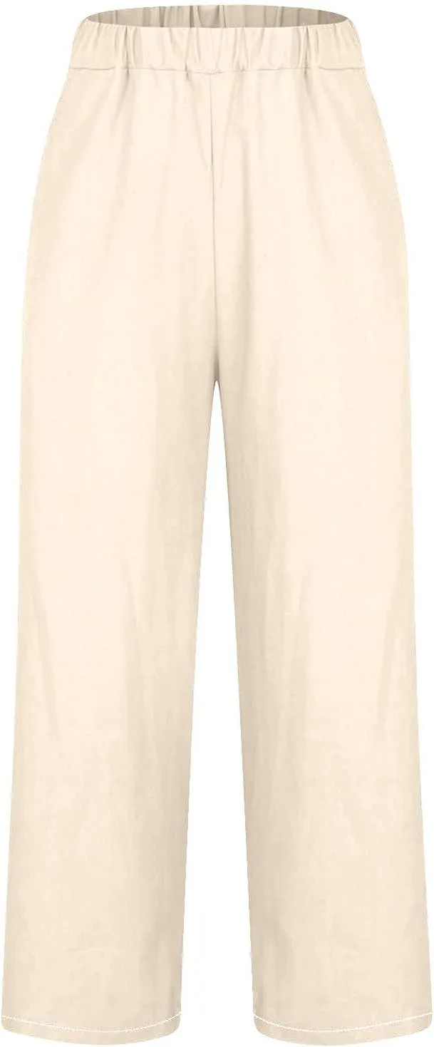 Women's Summer Linen Pants 2025 Straight Leg Beach Vacation Pants High Waist Casual Trousers with Pockets with Pockets