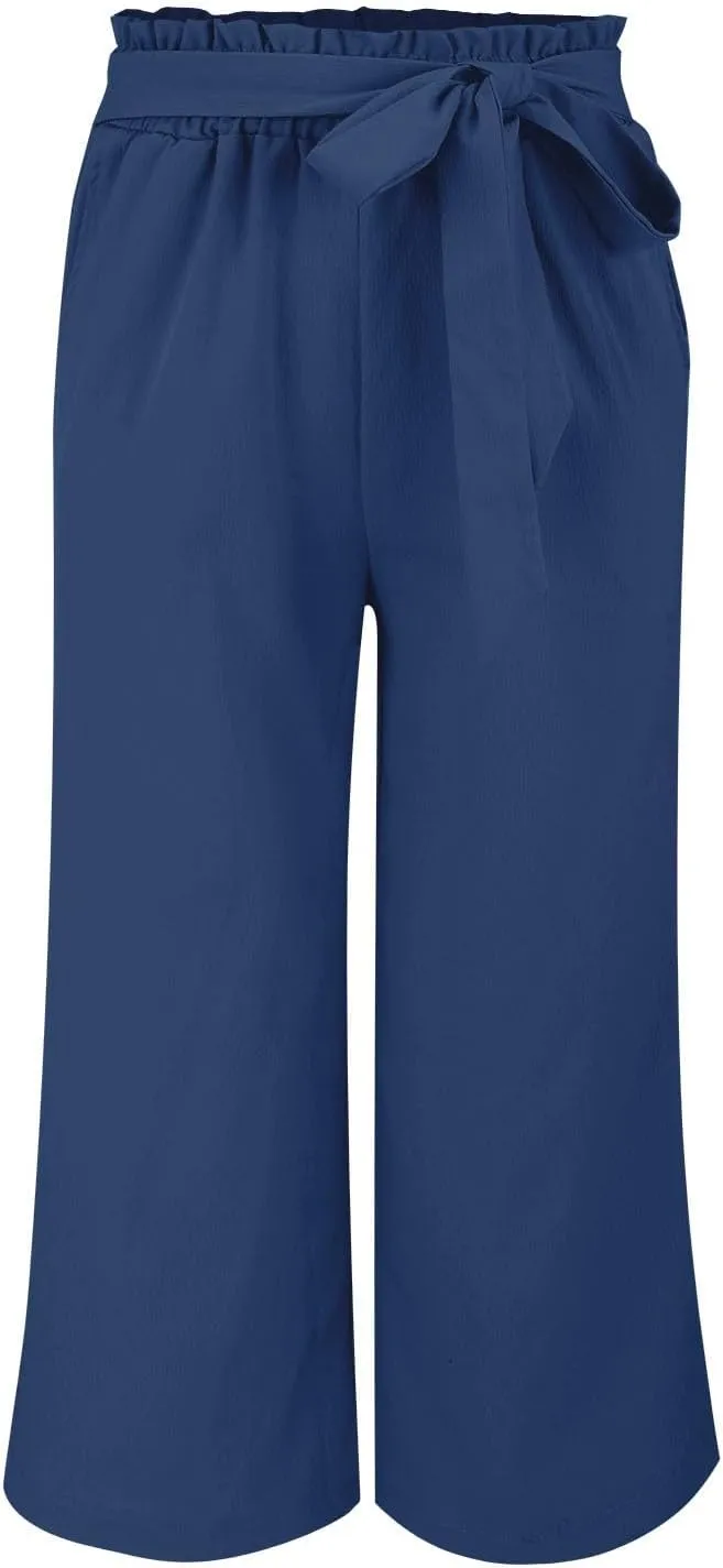 Womens Wide Leg Lounge Capri Pants Summer Beach Loose Tie Knot Linen Trouser with Pockets Lightweight Business Capris