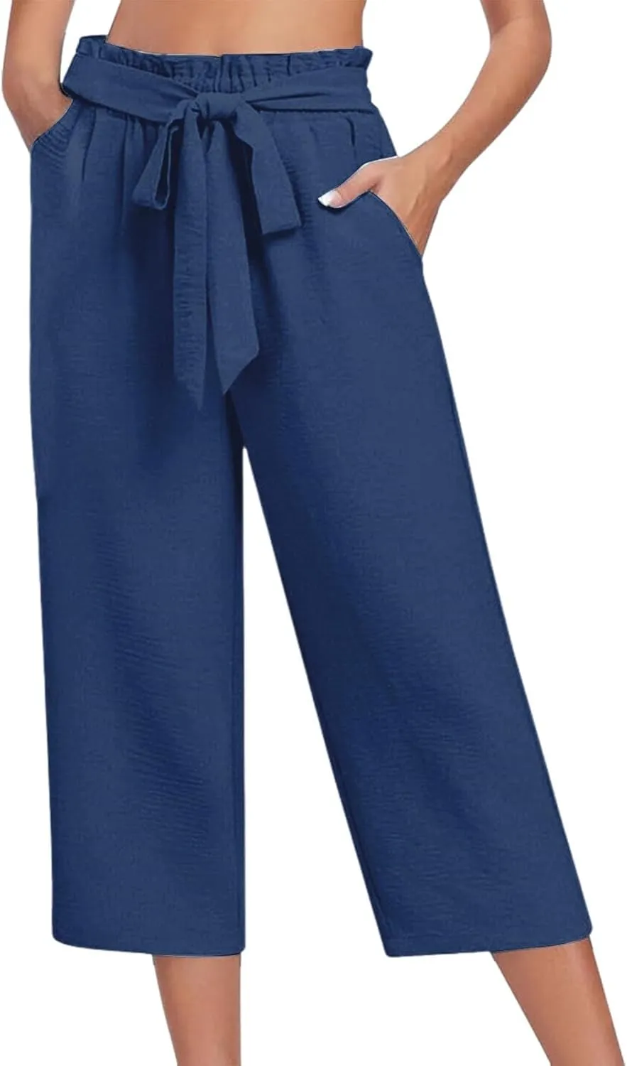 Womens Wide Leg Lounge Capri Pants Summer Beach Loose Tie Knot Linen Trouser with Pockets Lightweight Business Capris