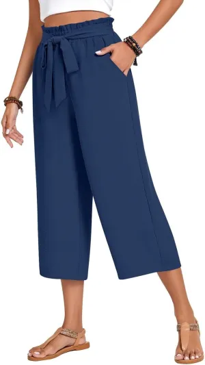 Womens Wide Leg Lounge Capri Pants Summer Beach Loose Tie Knot Linen Trouser with Pockets Lightweight Business Capris