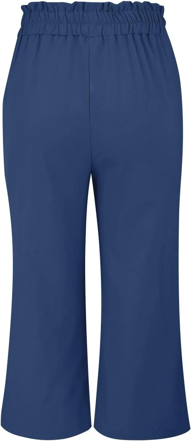 Womens Wide Leg Lounge Capri Pants Summer Beach Loose Tie Knot Linen Trouser with Pockets Lightweight Business Capris