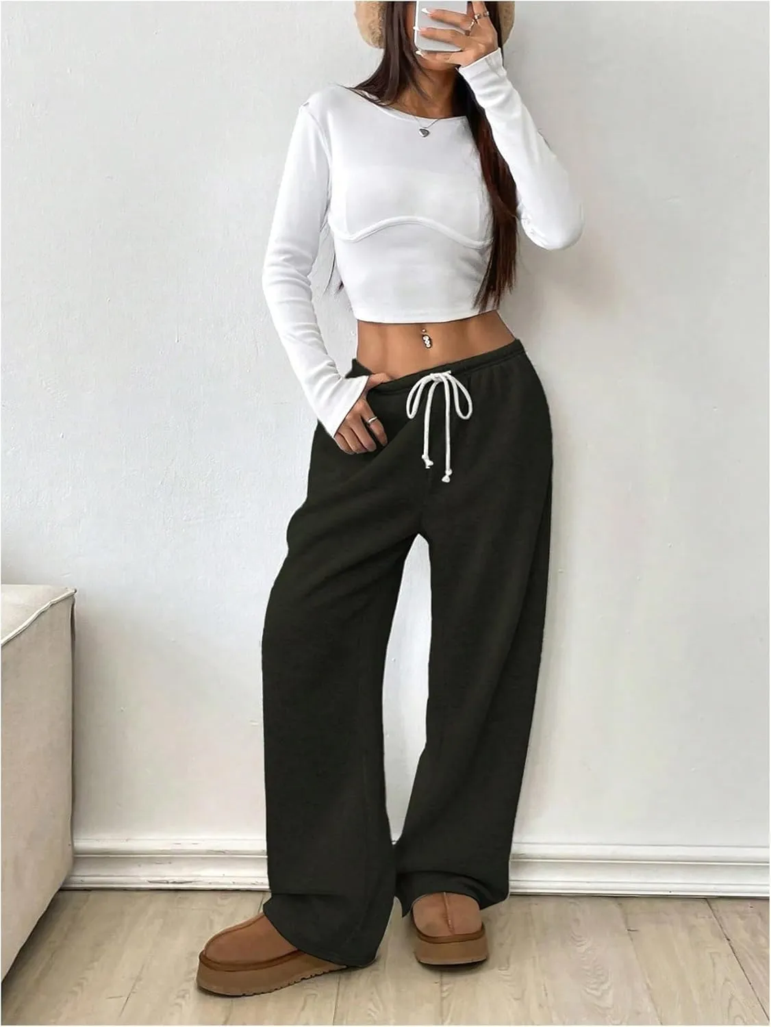 Women's Wide Leg Sweatpants Low Drawstring Waist Workout Track Pants Baggy Trousers