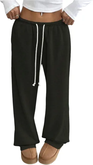 Women's Wide Leg Sweatpants Low Drawstring Waist Workout Track Pants Baggy Trousers