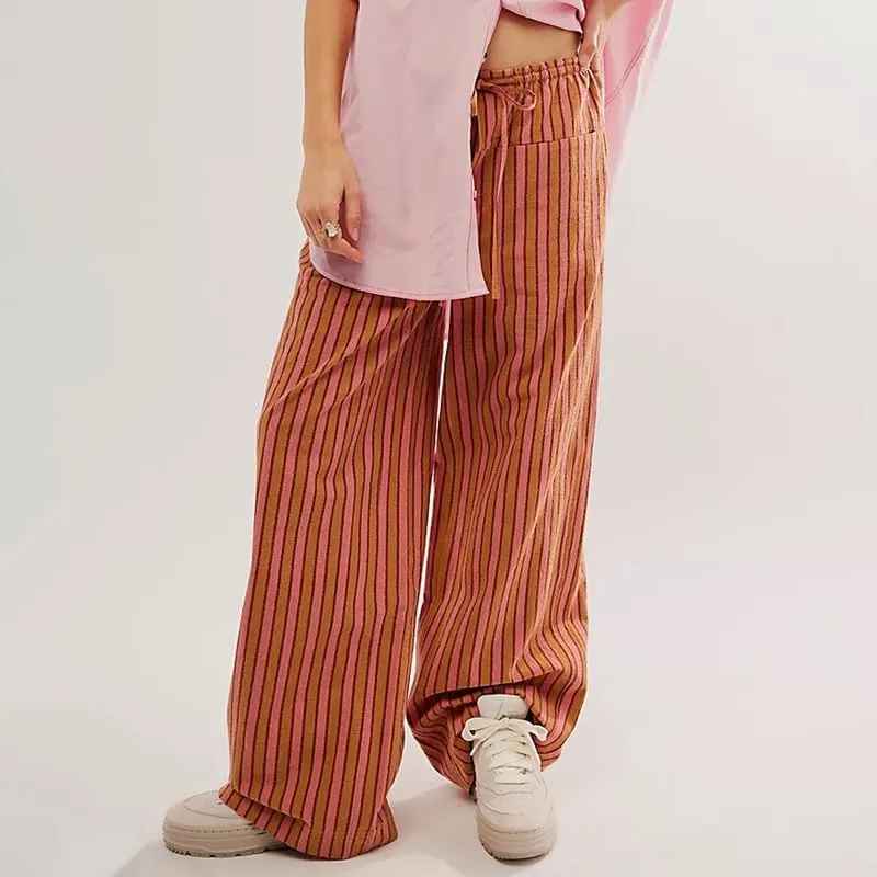 Y2k Striped Pants for Women Elastic Drawstring High Waist Wide Leg Pants Vintage Streetwear Lounge Trousers