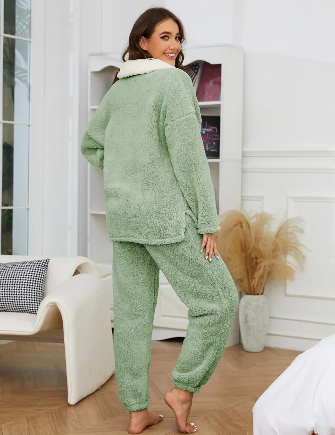 Yeokou Women's Fleece Pajamas Sets Fluffy Sleepwear Warm Sherpa Pullover Pants with Pockets