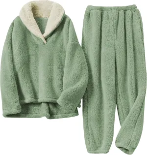 Yeokou Women's Fleece Pajamas Sets Fluffy Sleepwear Warm Sherpa Pullover Pants with Pockets