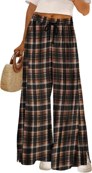 YESNO Women's Wide Leg Woolen Pants Fall Elastic High Waist Casual Palazzo Trousers with Pockets and Side Split PW0