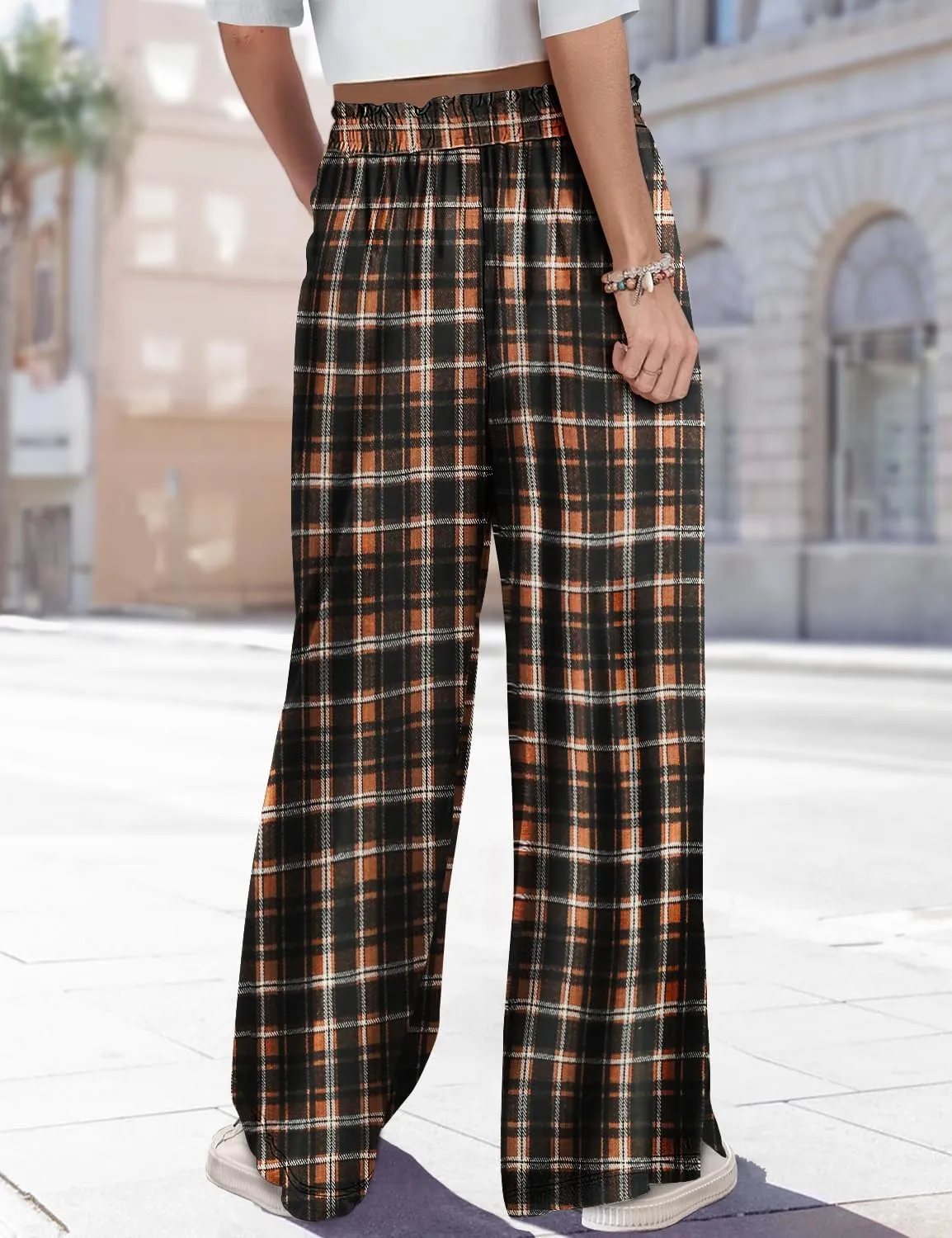 YESNO Women's Wide Leg Woolen Pants Fall Elastic High Waist Casual Palazzo Trousers with Pockets and Side Split PW0