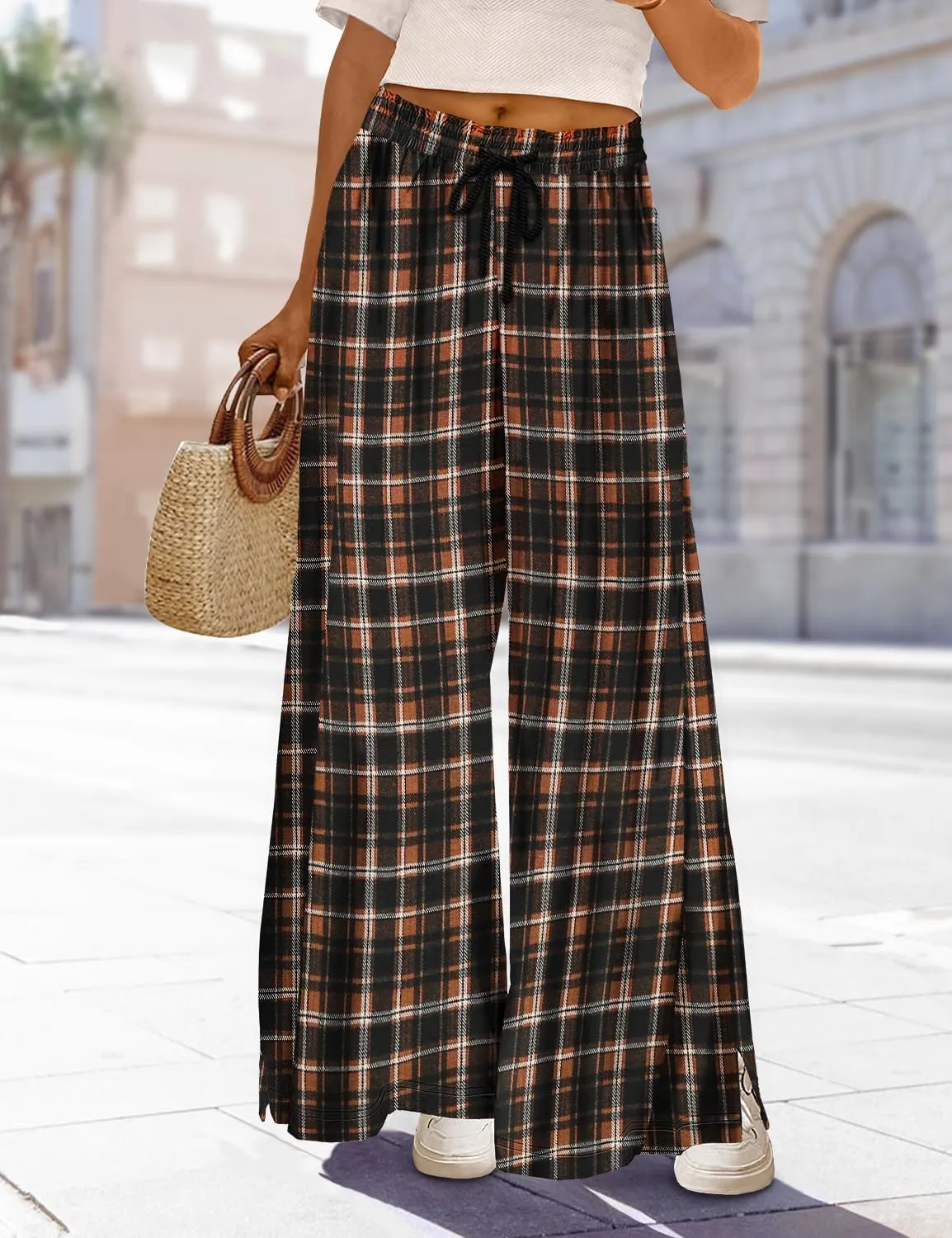YESNO Women's Wide Leg Woolen Pants Fall Elastic High Waist Casual Palazzo Trousers with Pockets and Side Split PW0