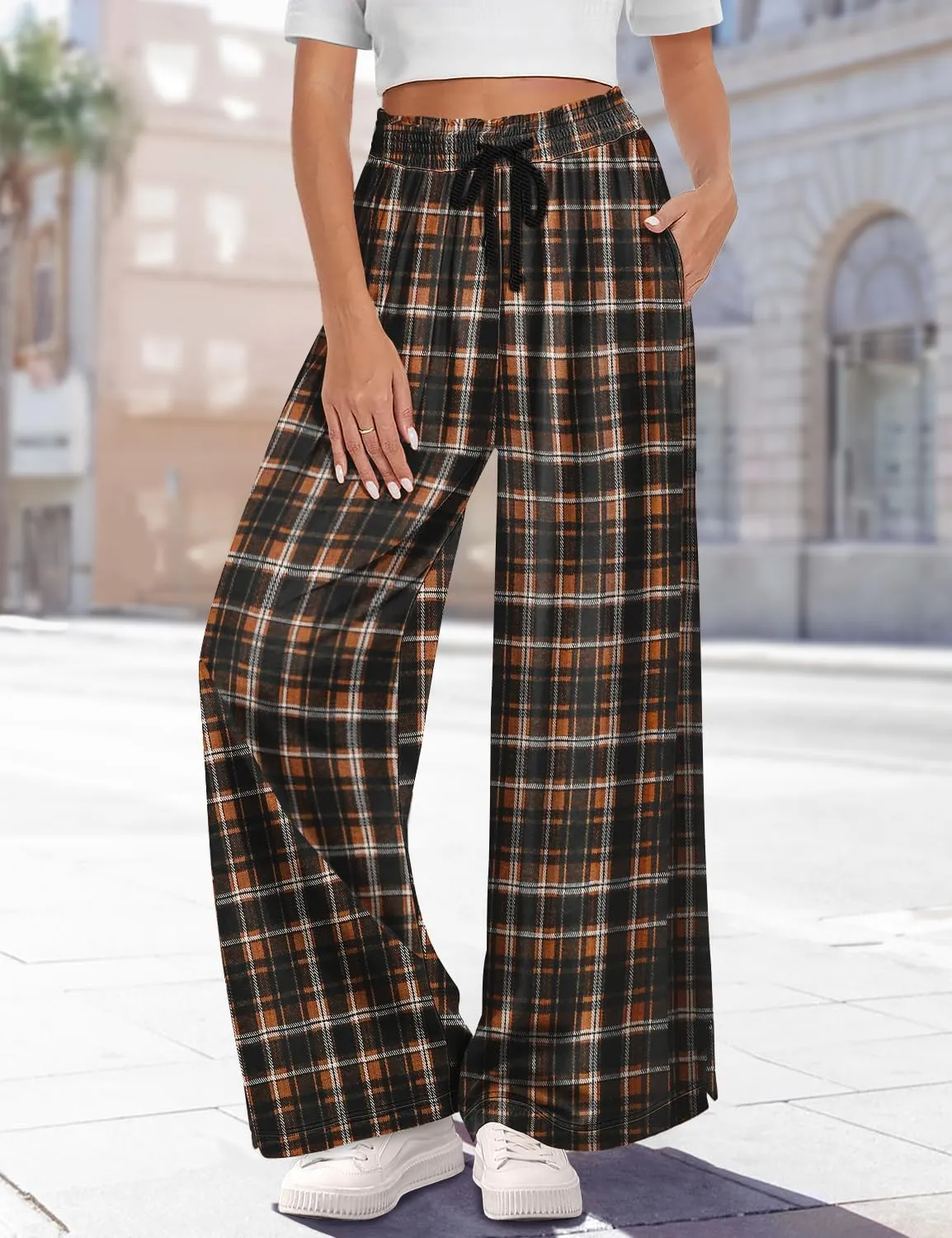 YESNO Women's Wide Leg Woolen Pants Fall Elastic High Waist Casual Palazzo Trousers with Pockets and Side Split PW0