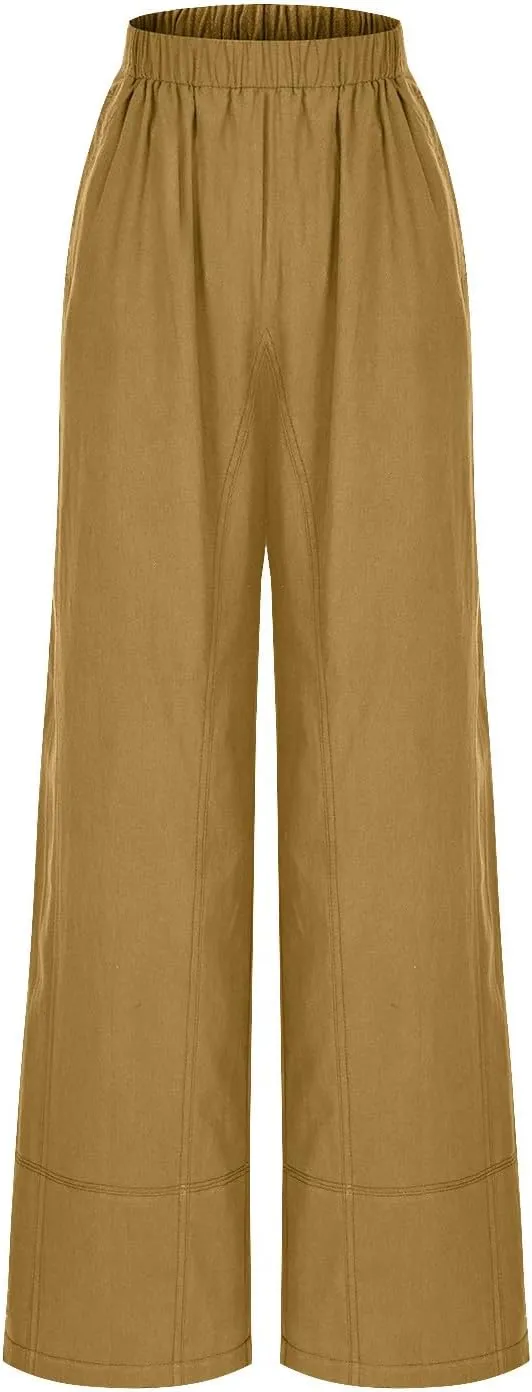 YRAETENM Women Cotton Linen Pants Casual Wide Leg Elastic Waisted Lounge Beach Trousers Travel Vacation Outfits with Pockets
