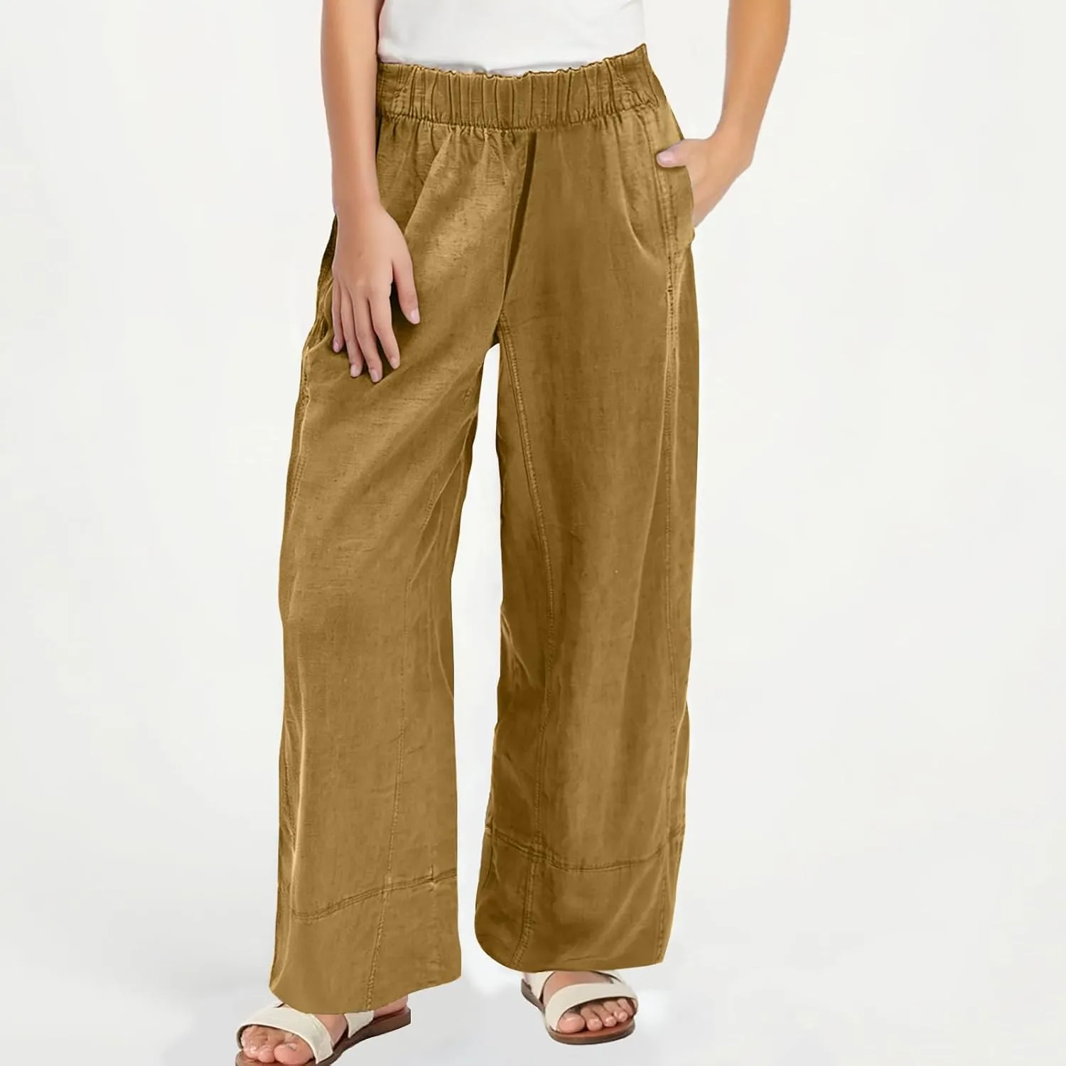 YRAETENM Women Cotton Linen Pants Casual Wide Leg Elastic Waisted Lounge Beach Trousers Travel Vacation Outfits with Pockets