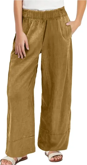 YRAETENM Women Cotton Linen Pants Casual Wide Leg Elastic Waisted Lounge Beach Trousers Travel Vacation Outfits with Pockets