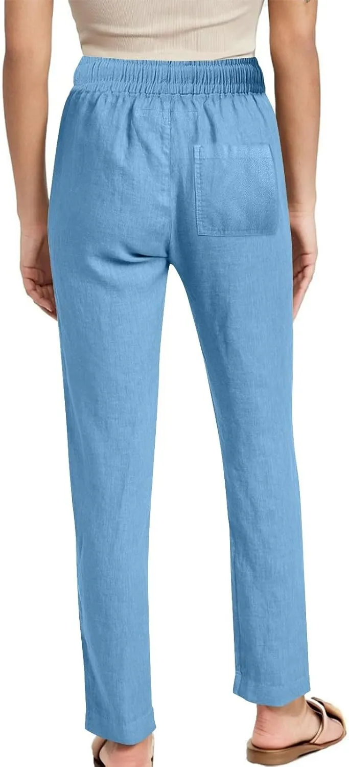YRAETENM Womens Casual Linen High Waist Pants Drawstring Loose Fit Summer Beach Pants Lounge Trousers with Side Pockets