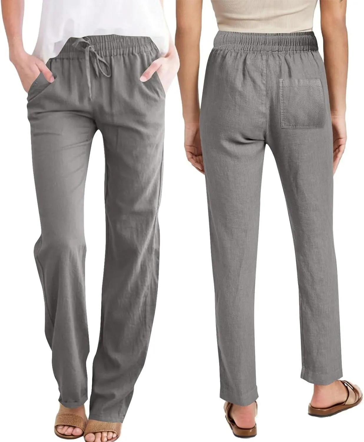 YRAETENM Womens Casual Linen High Waist Pants Drawstring Loose Fit Summer Beach Pants Lounge Trousers with Side Pockets