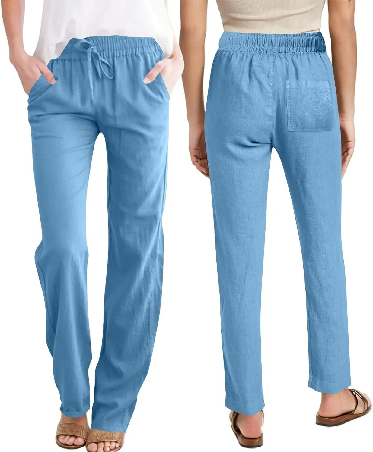 YRAETENM Womens Casual Linen High Waist Pants Drawstring Loose Fit Summer Beach Pants Lounge Trousers with Side Pockets