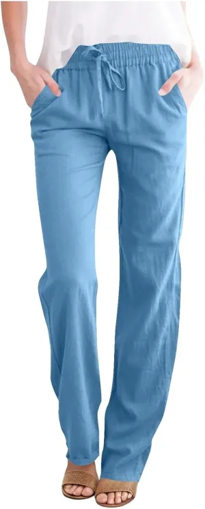 YRAETENM Womens Casual Linen High Waist Pants Drawstring Loose Fit Summer Beach Pants Lounge Trousers with Side Pockets