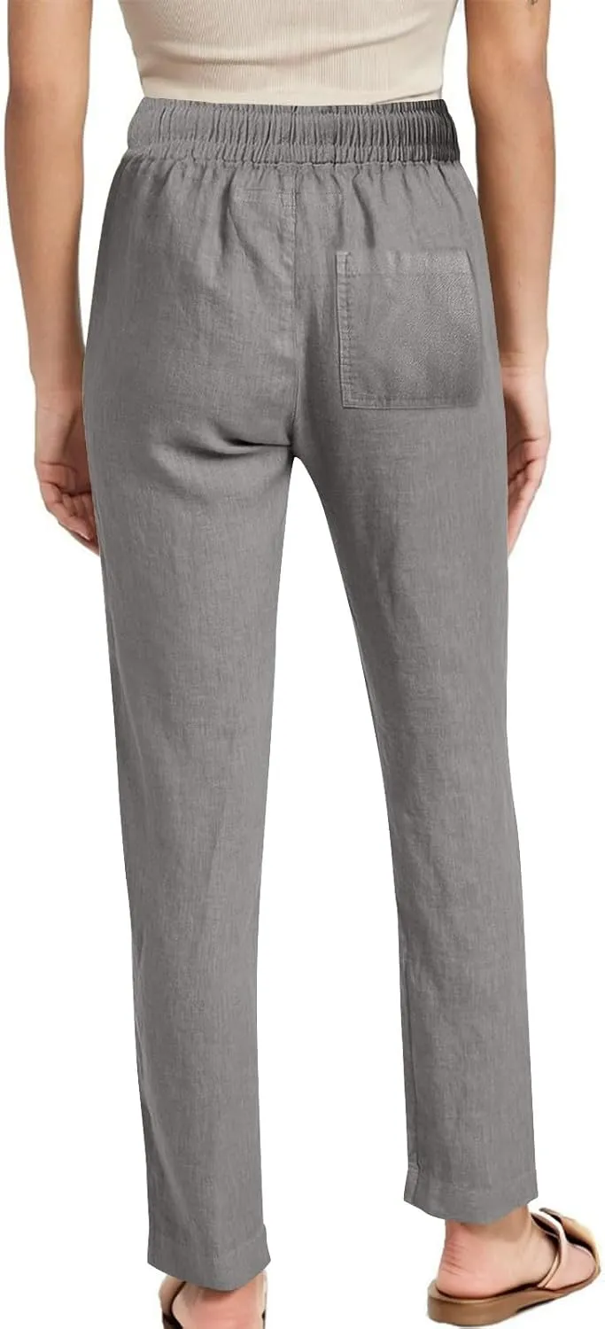 YRAETENM Womens Casual Linen High Waist Pants Drawstring Loose Fit Summer Beach Pants Lounge Trousers with Side Pockets