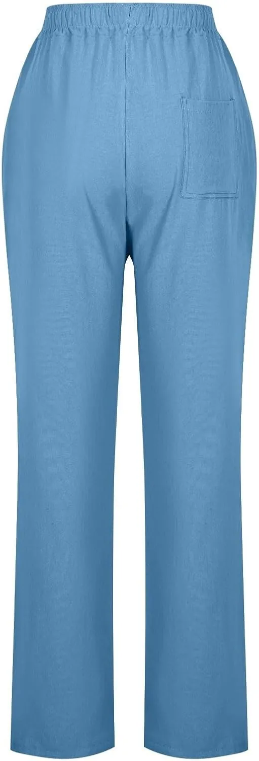 YRAETENM Womens Casual Linen High Waist Pants Drawstring Loose Fit Summer Beach Pants Lounge Trousers with Side Pockets