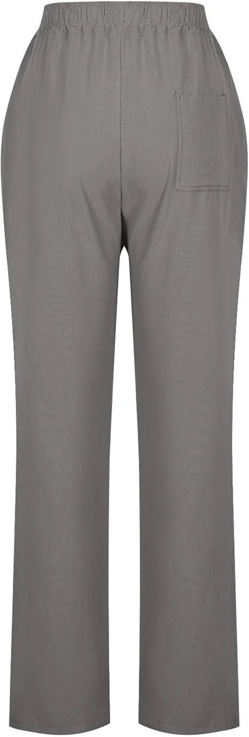 YRAETENM Womens Casual Linen High Waist Pants Drawstring Loose Fit Summer Beach Pants Lounge Trousers with Side Pockets