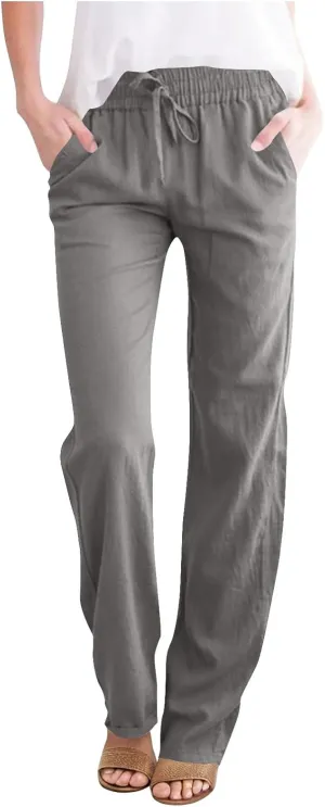 YRAETENM Womens Casual Linen High Waist Pants Drawstring Loose Fit Summer Beach Pants Lounge Trousers with Side Pockets