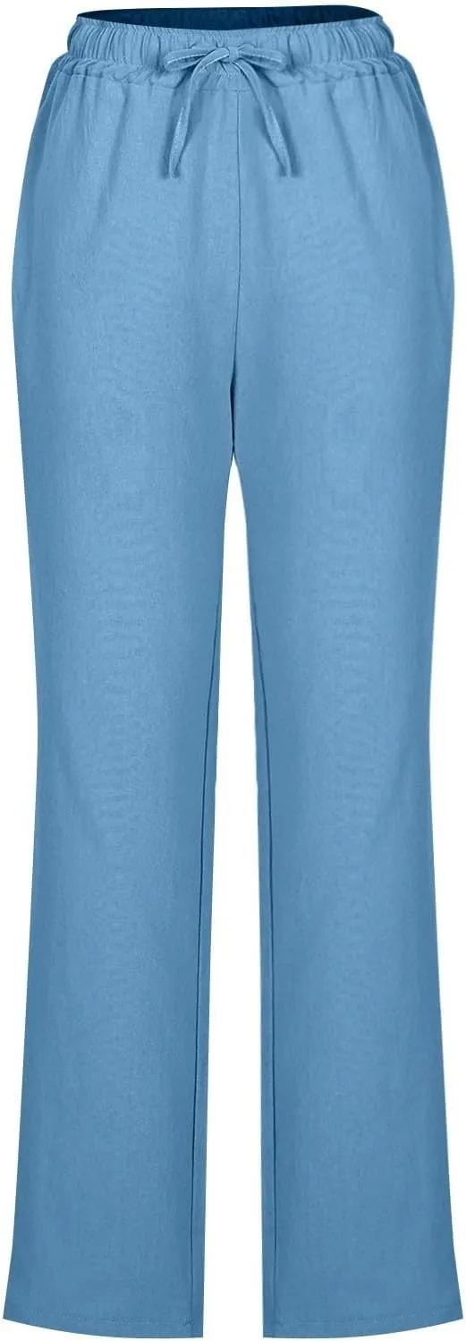 YRAETENM Womens Casual Linen High Waist Pants Drawstring Loose Fit Summer Beach Pants Lounge Trousers with Side Pockets