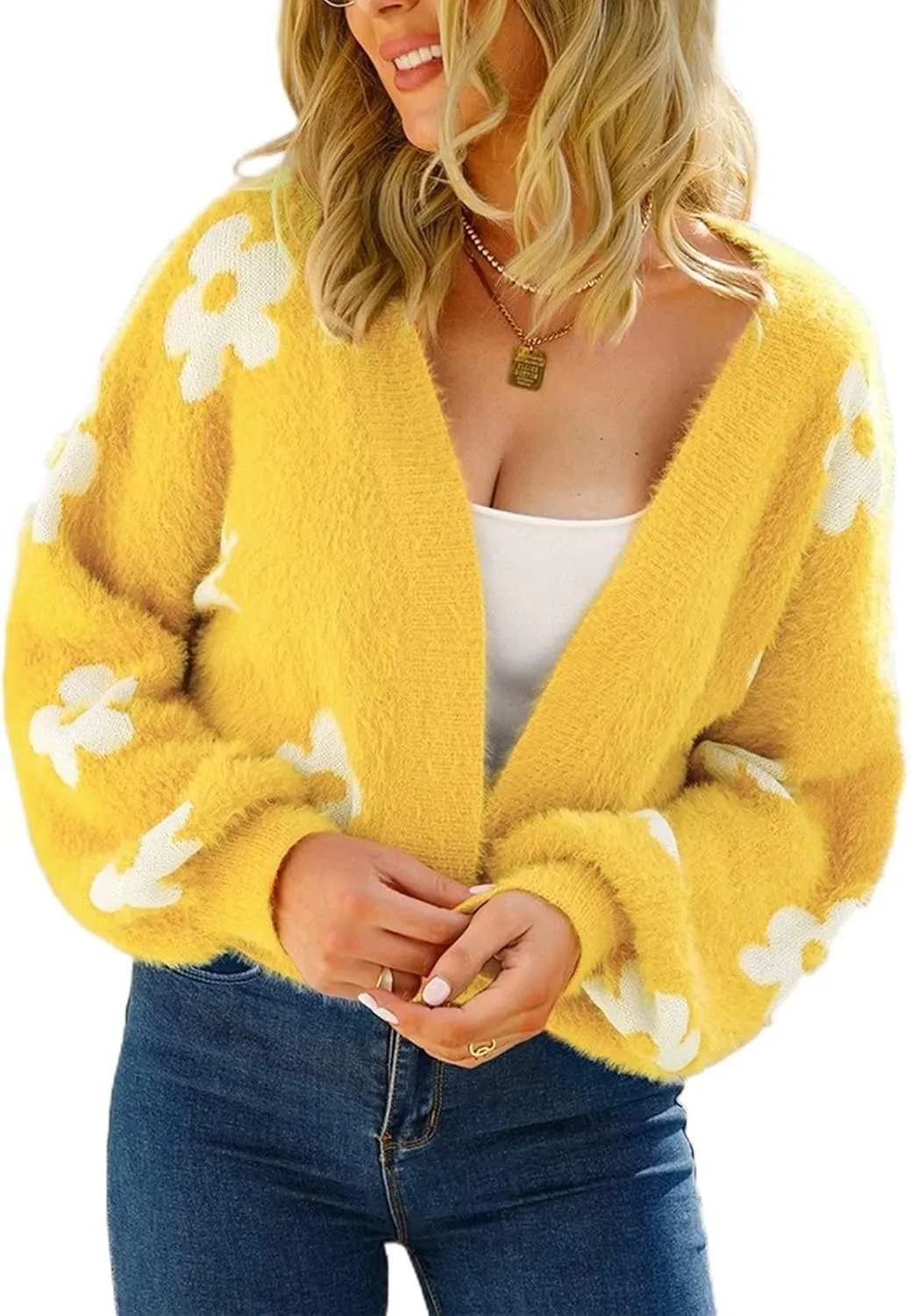 YUAKOU Women's Flower Long Sleeve Open Front Short Cardigan Casual Loose V Neck Down Knit Cardigan Sweaters Outwear