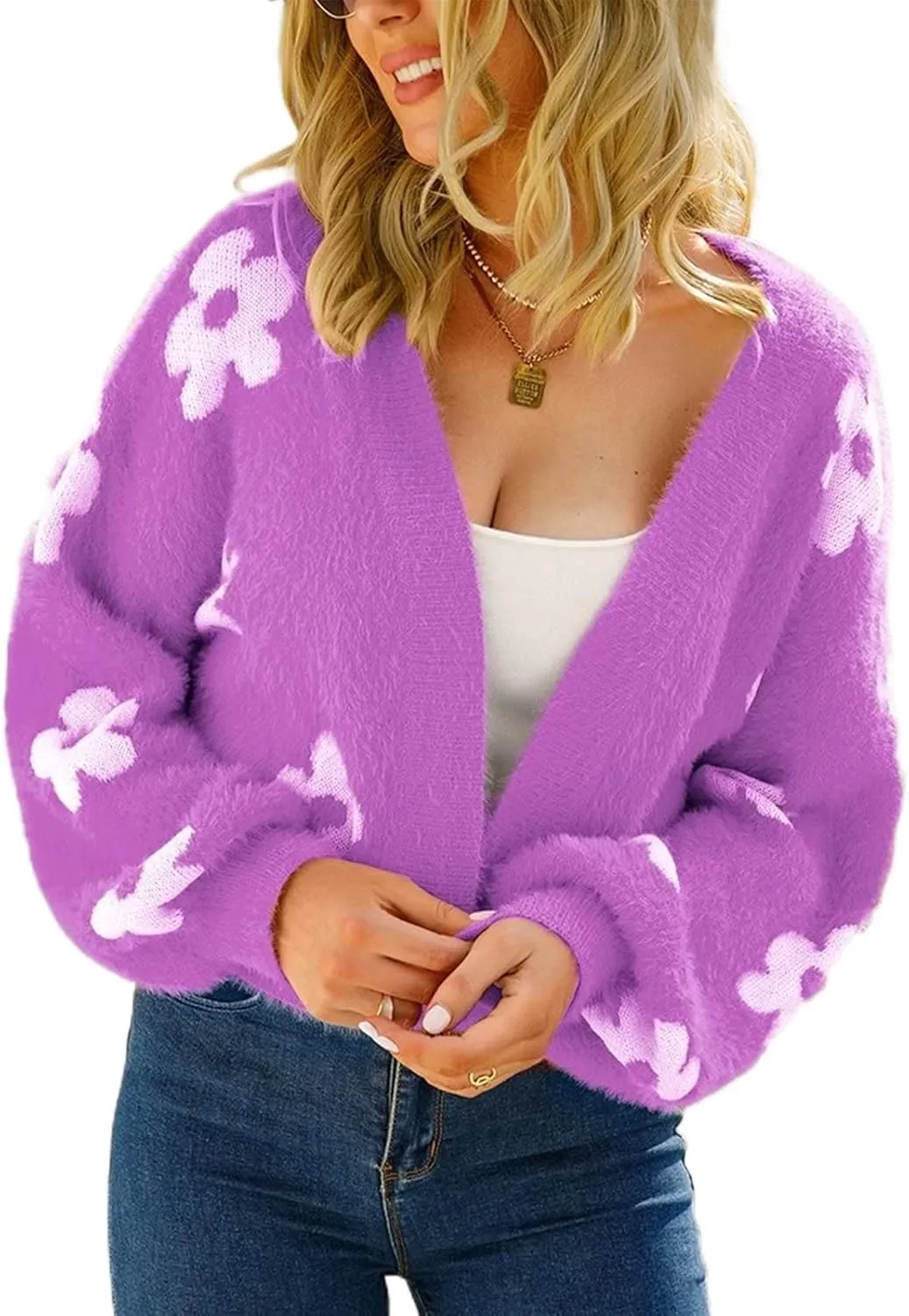 YUAKOU Women's Flower Long Sleeve Open Front Short Cardigan Casual Loose V Neck Down Knit Cardigan Sweaters Outwear