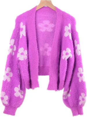 YUAKOU Women's Flower Long Sleeve Open Front Short Cardigan Casual Loose V Neck Down Knit Cardigan Sweaters Outwear
