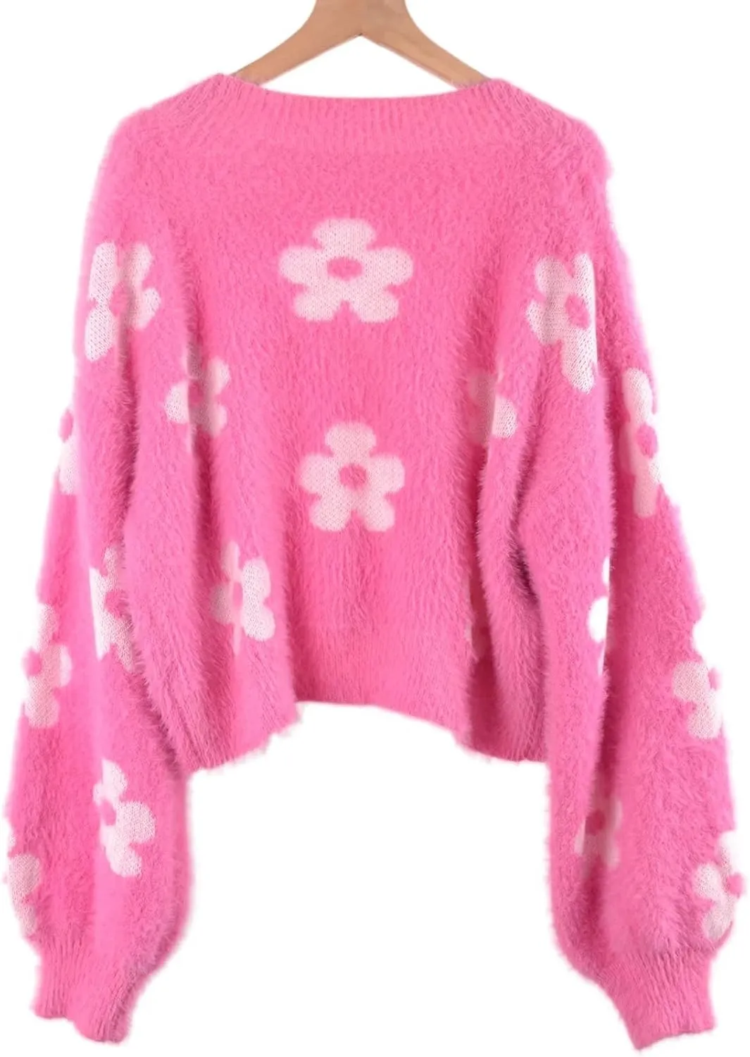 YUAKOU Women's Flower Long Sleeve Open Front Short Cardigan Casual Loose V Neck Down Knit Cardigan Sweaters Outwear