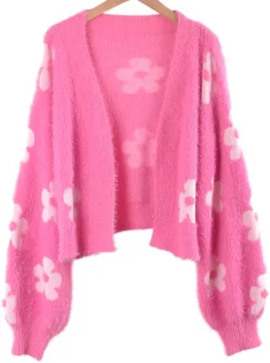 YUAKOU Women's Flower Long Sleeve Open Front Short Cardigan Casual Loose V Neck Down Knit Cardigan Sweaters Outwear
