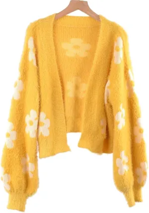 YUAKOU Women's Flower Long Sleeve Open Front Short Cardigan Casual Loose V Neck Down Knit Cardigan Sweaters Outwear
