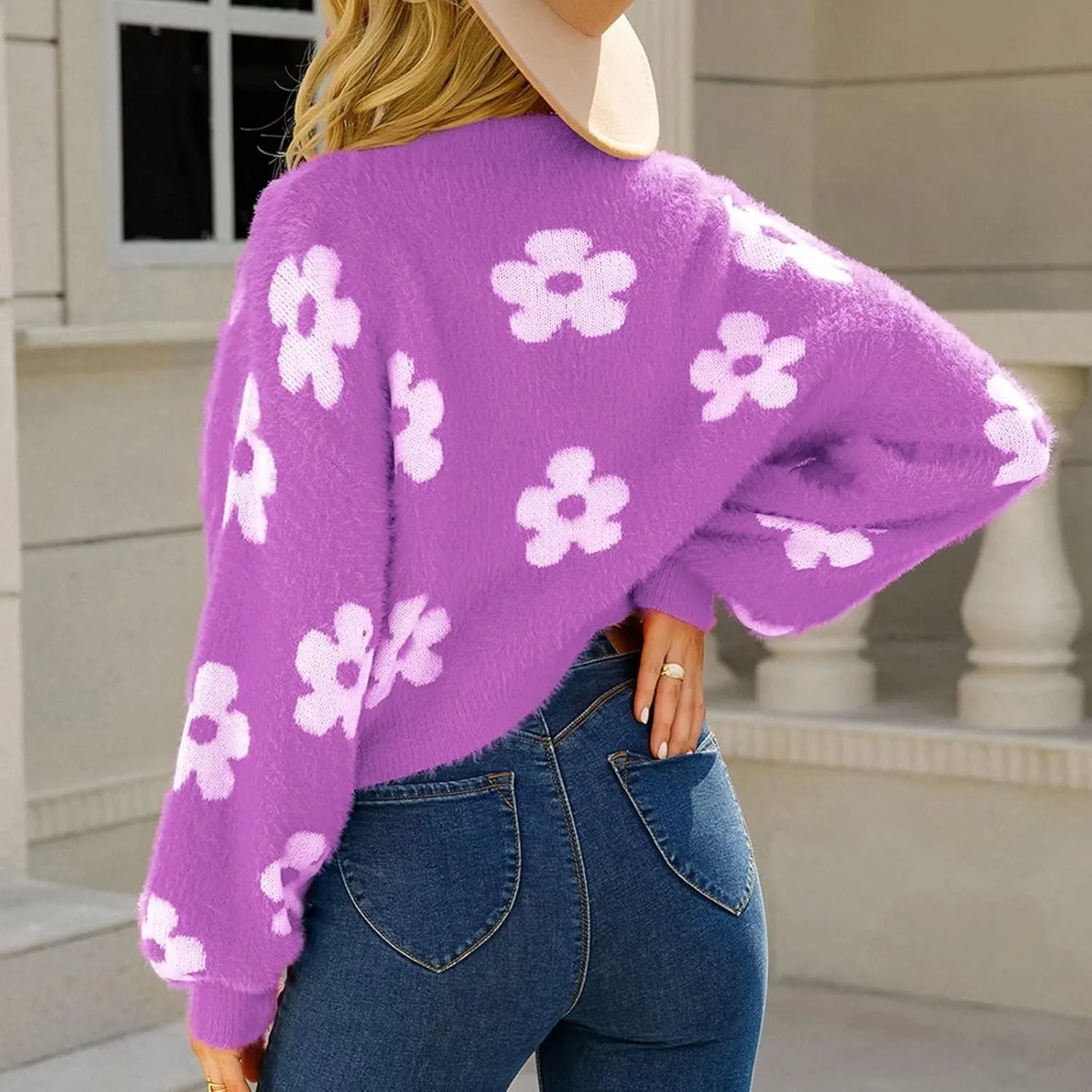 YUAKOU Women's Flower Long Sleeve Open Front Short Cardigan Casual Loose V Neck Down Knit Cardigan Sweaters Outwear