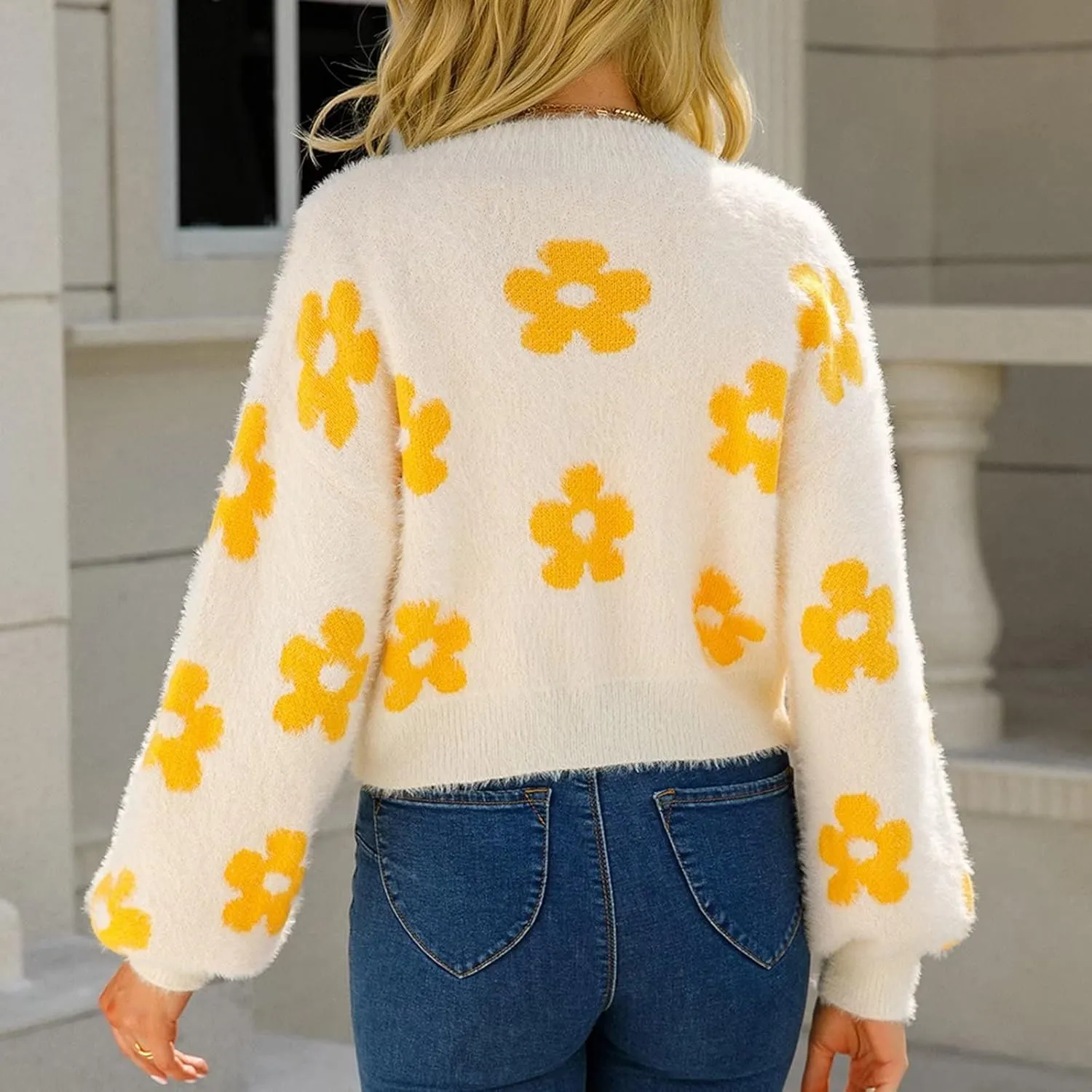 YUAKOU Women's Flower Long Sleeve Open Front Short Cardigan Casual Loose V Neck Down Knit Cardigan Sweaters Outwear