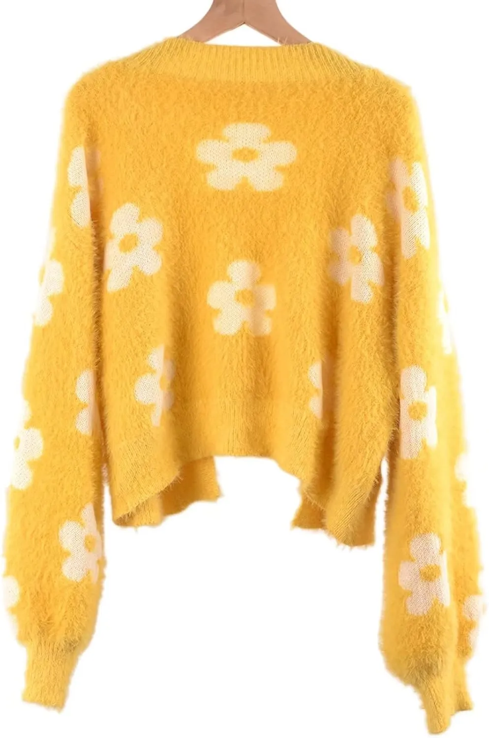 YUAKOU Women's Flower Long Sleeve Open Front Short Cardigan Casual Loose V Neck Down Knit Cardigan Sweaters Outwear