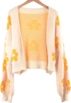 YUAKOU Women's Flower Long Sleeve Open Front Short Cardigan Casual Loose V Neck Down Knit Cardigan Sweaters Outwear