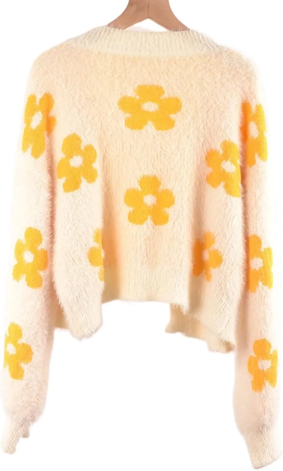 YUAKOU Women's Flower Long Sleeve Open Front Short Cardigan Casual Loose V Neck Down Knit Cardigan Sweaters Outwear